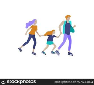 Collection of family hobby activities. Mother, father and children teach ride roller skating together. Cartoon vector illustration. Collection of family hobby activities. Mother, father and children teach daughter to ride bike, walking hiking and treveling, roller skating, play ball together. Cartoon vector
