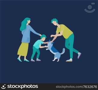 Collection of family hobby activities . Mother, father and children walking dog, play with corgi. Cartoon illustration. Collection of family hobby activities . Mother, father and children walking dog, play with corgi. Cartoon