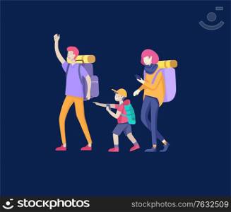 Collection of family hobby activities. Mother, father and children walking hiking and treveling together. Cartoon vector illustration. Collection of family hobby activities. Mother, father and children walking hiking and treveling together. Cartoon vector