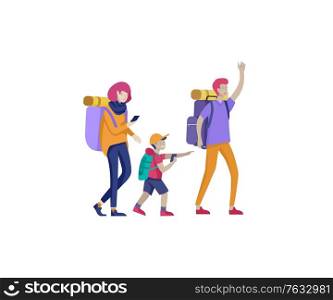 Collection of family hobby activities. Mother, father and children walking hiking and treveling together. Cartoon vector illustration. Collection of family hobby activities. Mother, father and children walking hiking and treveling together. Cartoon vector