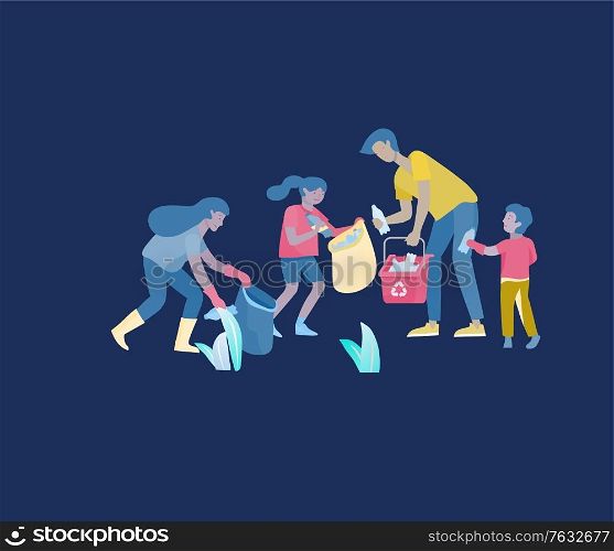 Collection of family hobby and activities. Mother, father and children collect garbage for recycling. Cartoon vector illustration. Collection of family hobby and activities. Mother, father and children collect garbage for recycling. Cartoon vector