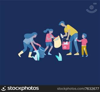 Collection of family hobby and activities. Mother, father and children collect garbage for recycling. Cartoon vector illustration. Collection of family hobby and activities. Mother, father and children collect garbage for recycling. Cartoon vector