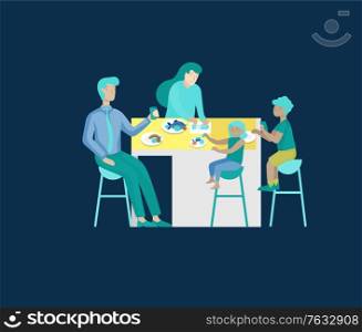 Collection of family hobby and activities. Mother, father and children have dinner relaxing at home with gadgets together. Cartoon vector illustration. Collection of family hobby and activities. Mother, father and children have dinner relaxing at home with gadgets together. Cartoon vector