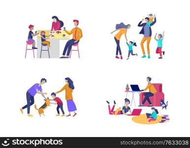 Collection of family hobby and activities. Mother, father and children have dinner, walking dog, dansing and jumping, relaxing at home with gadgets together. Cartoon vector illustration. Collection of family hobby and activities. Mother, father and children have dinner, walking dog, dansing and jumping, relaxing at home with gadgets together. Cartoon vector
