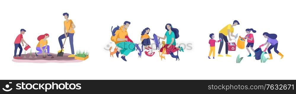 Collection of family hobby and activities. Mother, father and children play with cats, collect garbage for recycling, gardening and transplant sprouts. Cartoon vector illustration. Collection of family hobby and activities. Mother, father and children play with cats, collect garbage for recycling, gardening and transplant sprouts. Cartoon vector