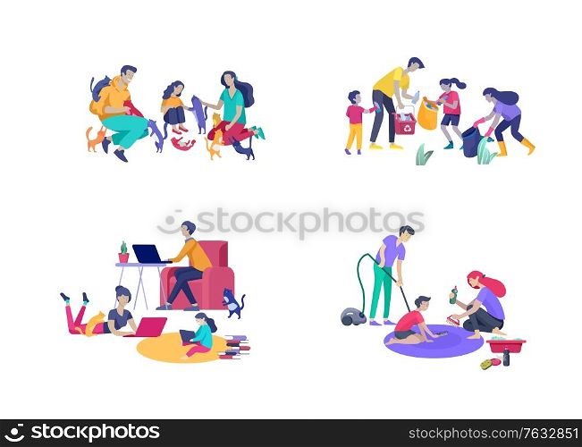 Collection of family hobby and activities. Mother, father and children play with cats, collect garbage for recycling, clinning home, relaxing with with gadgets at home. Cartoon vector illustration. Collection of family hobby and activities. Mother, father and children play with cats, collect garbage for recycling, clinning home, relaxing with with gadgets at home. Cartoon vector