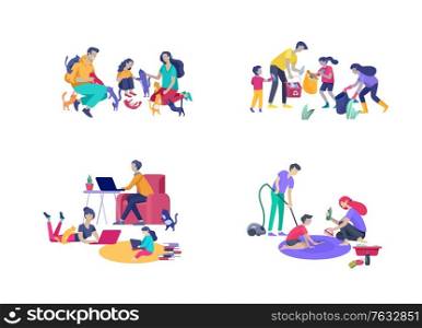 Collection of family hobby and activities. Mother, father and children play with cats, collect garbage for recycling, clinning home, relaxing with with gadgets at home. Cartoon vector illustration. Collection of family hobby and activities. Mother, father and children play with cats, collect garbage for recycling, clinning home, relaxing with with gadgets at home. Cartoon vector