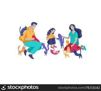 Collection of family hobby and activities. Mother, father and children play with cat, volunteers help. Cartoon vector illustration. Collection of family hobby and activities. Mother, father and children play with cats, collect garbage for recycling, clinning home, relaxing with with gadgets at home. Cartoon vector