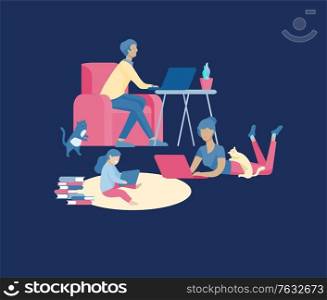 Collection of family hobby and activities. Mother, father and children relaxing at home with gadgets together. Cartoon vector illustration. Collection of family hobby and activities. Mother, father and children relaxing at home with gadgets together. Cartoon vector