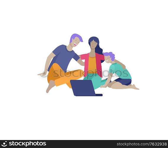 Collection of family hobby and activities. Mother, father and children relaxing at home with gadgets together. Cartoon vector illustration. Collection of family hobby and activities. Mother, father and children relaxing at home with gadgets together. Cartoon vector