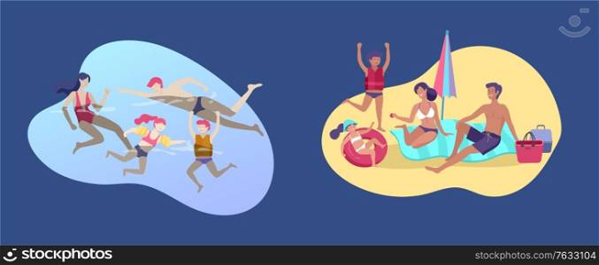 Collection of family summer hobby activities. Mother, father and children sunbathing, swimming, traveling together. Cartoon vector illustration. Collection of family summer hobby activities. Mother, father and children sunbathing, swimming, traveling together. Cartoon vector