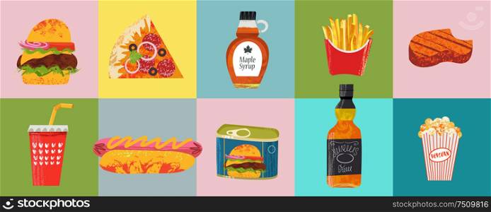 Collection of fast food and beverage items. American food. Vector illustration with hand drawn textures. Pizza, hamburger, whiskey, hot dog, steak, French fries.. Collection of fast food and beverage items. American food. Vector illustration with hand drawn textures.