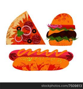 Collection of fast food. Vector illustration on white background. Pizza, hamburger and hot dog. With unique hand drawn vector textures.. Collection of fast food. Vector illustration on white background. With unique hand drawn vector textures.