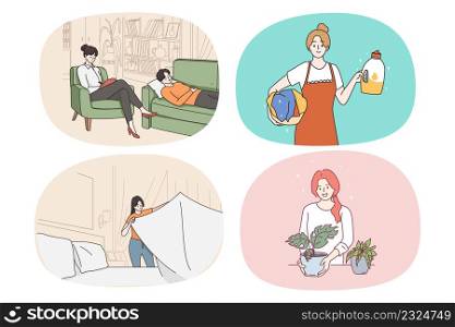 Collection of female specialists and various careers or professions. Set of women having different occupations and jobs. Psychologist, housekeeper, and gardener. Vector illustration.. Bundle of women specialist and various professions
