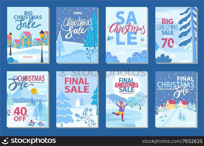 Collection of final sale promotional posters. Figure skating kid on ice rink. Cityscape with buildings and calligraphic inscription. Discounts announcement. Big promo for customers, vector in flat. Final Sale on Winter Holidays Set of Promo Posters