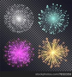 Collection of fireworks explosion isolated on transparent background. Set of bright glowing splashes for holidays celebration. Festival pyrotechnics shining in evening. Vector in flat style. Firework Decorative Pyrotechnics for Holidays