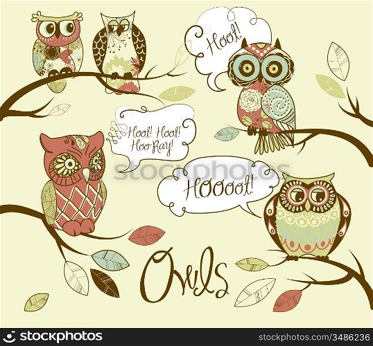 Collection of five different owls with speach bubbles