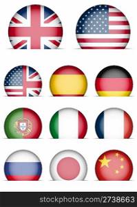 Collection of Flags Icons - Language Buttons - English, American English, Spanish, German, Portugal, Italian, French, Japanese, Russian, Chinese