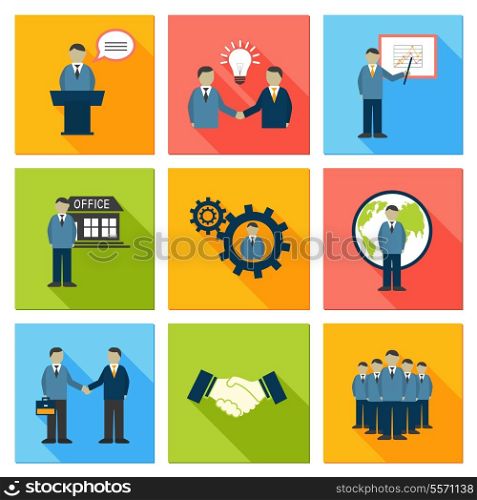 Collection of flat business people meeting at office conference presentation pictograms vector illustration