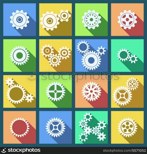 Collection of flat cogs wheels and gears icons set isolated vector illustration