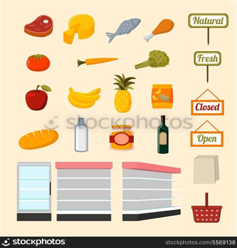 Collection of flat supermarket food items of fresh and natural vegetables fruits meat and dairy products isolated vector illustration