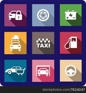 Collection of flat transport or automotive icons with cars, locking, wheel, battery, car wash, taxi, fuel pump, shopping, garage and a steering wheel. Collection of motor transport icons