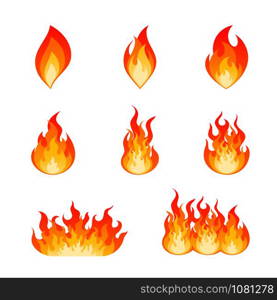 Collection of flat vector flare flames and bonfire. Nine type of burning fire flame and hot blazing campfire illustration set in red, orange and yellow colors isolated on white background.. Set of burning fire flame and hot blazing bonfire