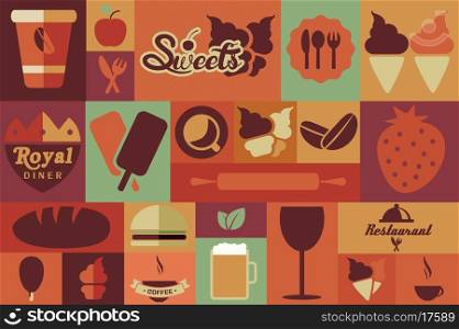 Collection of flat vintage retro food icons, flat design