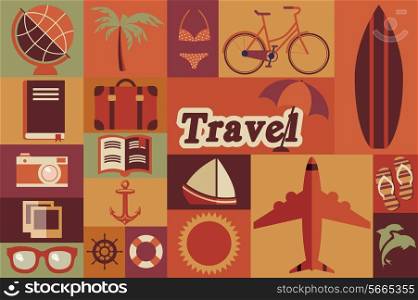 Collection of flat vintage retro travel icons, flat design