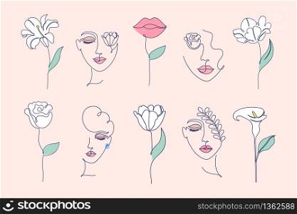Collection of flowers and women faces in one line drawing style on light background.