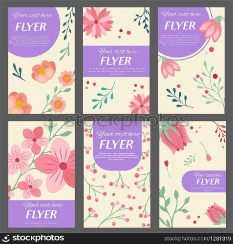 Collection of flyers templates with pink flowers. Collection of flyers templates with floral ornaments