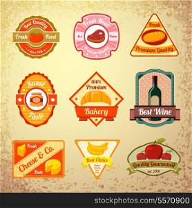 Collection of food stamps or labels of fresh and natural vegetables fruits and meat products vector illustration