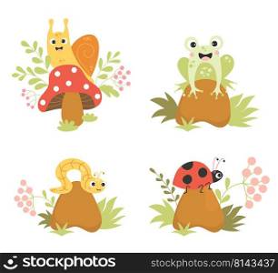 Collection of forest insects. Cute snail on fly agaric mushroom, happy frog on stone, worm and ladybug among grass and berries. Vector illustration. Characters for cards, covers, design, decoration