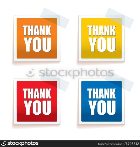 Collection of four brightly coloured thank you tags with sticky tape