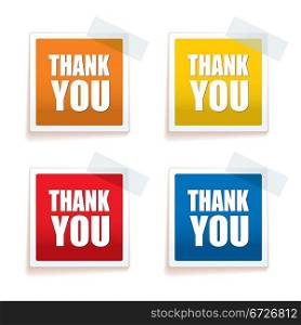 Collection of four brightly coloured thank you tags with sticky tape