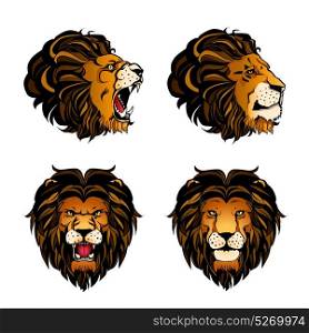 Collection Of Four Colored Lion Heads. Colored set of four isolated cartoon lion heads in different angles and moods on white background vector illustration