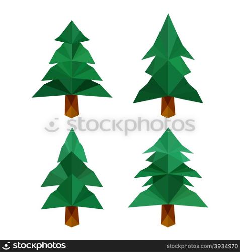Collection of four different origami pine trees isolated on white background