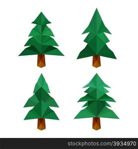 Collection of four different origami pine trees isolated on white background