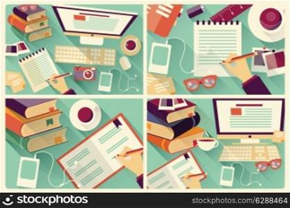 Collection of four flat work desks, long shadow, office desk, computer and stationery, vector illustration
