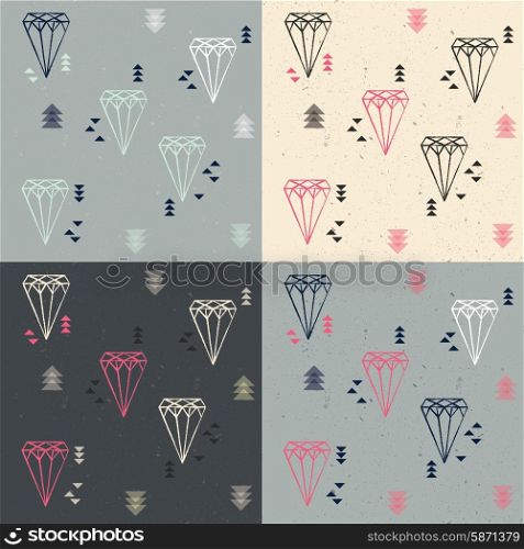 Collection of four seamless patterns with geometric diamonds and triangles, vector illustration
