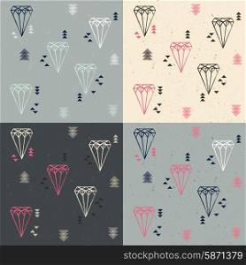 Collection of four seamless patterns with geometric diamonds and triangles, vector illustration