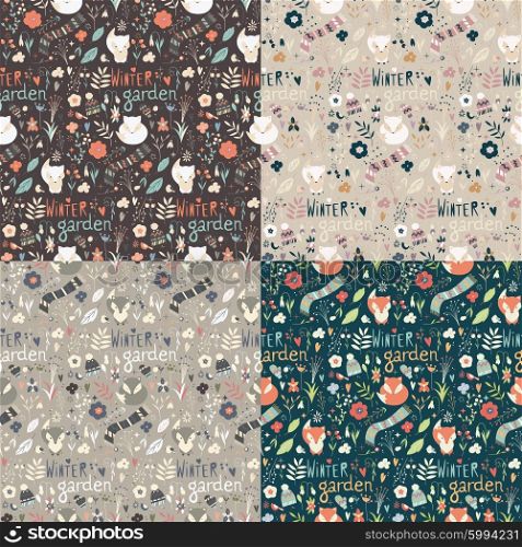 Collection of four seamless patterns with winter garden flowers, foxes and scarf, hat and mittens, vector illustration