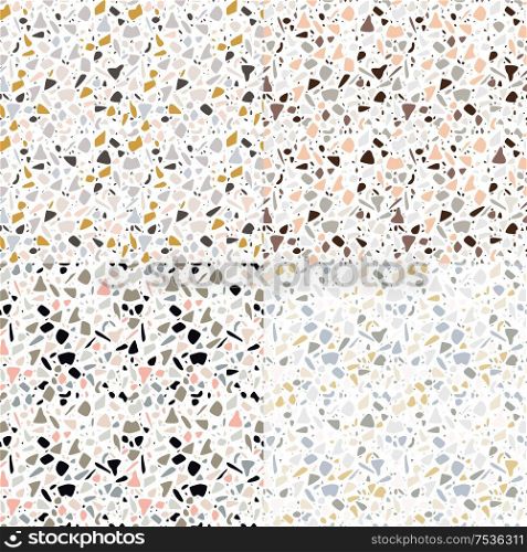 Collection of four terrazzo seamless pattern designs with hand drawn rocks. Abstract modern background, flat vector illustration