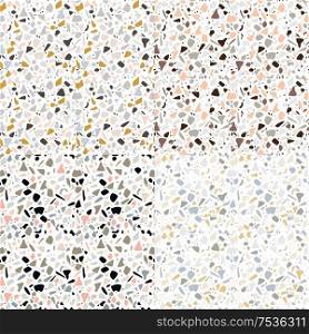 Collection of four terrazzo seamless pattern designs with hand drawn rocks. Abstract modern background, flat vector illustration