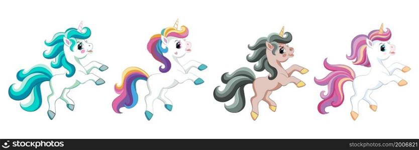 Collection of four unicorns with colorful manes and tails. Cute cartoon unicorn character. Vector isolated illustration. For greeting cards, poster, design, sticker, decor, embroidery and kids apparel