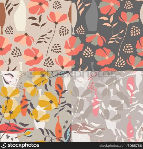 Collection of four vector seamless patterns with floral elements, spring flowers, poppies and vases, vector illustration