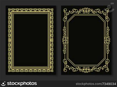 Collection of frames golden color isolated on black. Retro style vintage borders set with ornamental graphic decorative elements vector illustration. Collection Frames Golden Color Isolated on Black