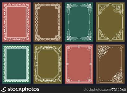 Collection of frames white color isolated on colorful backdrops. Retro style vintage frames set with ornamental graphic decorative elements vector. Collection of Frames White Color Isolated Vector
