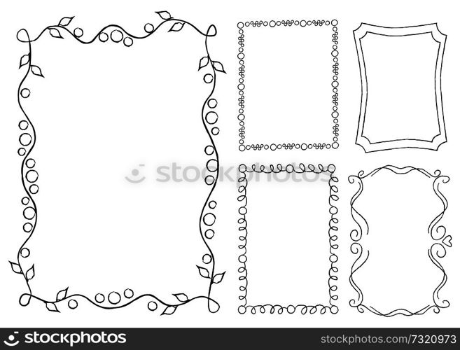 Collection of frames with round swirls, rectangular shape with curved elements vector illustration in flat design. Vintage ornamental frames in linear graphic style isolated on white background.. Collection of Frames with Swirls Rectangular Shape