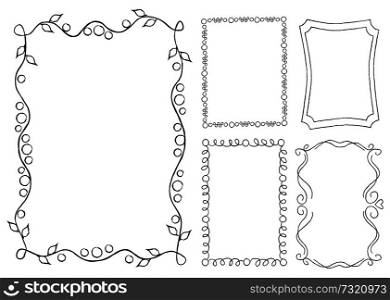 Collection of frames with round swirls, rectangular shape with curved elements vector illustration in flat design. Vintage ornamental frames in linear graphic style isolated on white background.. Collection of Frames with Swirls Rectangular Shape